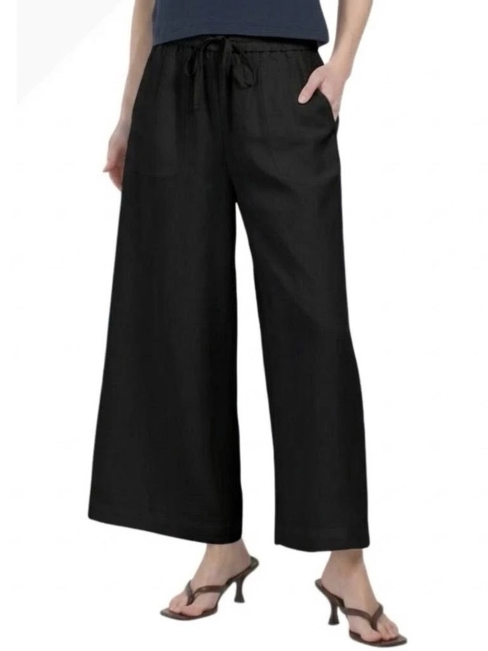 Kobi Halperin Lyla Wide Leg Crop Pants M Black Linen Tercel Blend Drawstring
